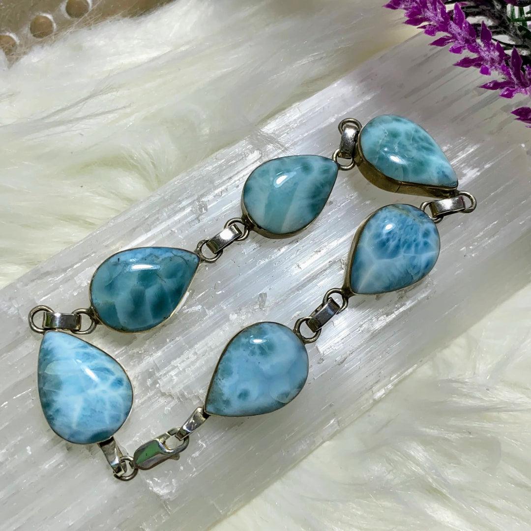 High Grade Genuine Blue Larimar Sterling Silver Large Size Statement Bracelet - Earth Family Crystals