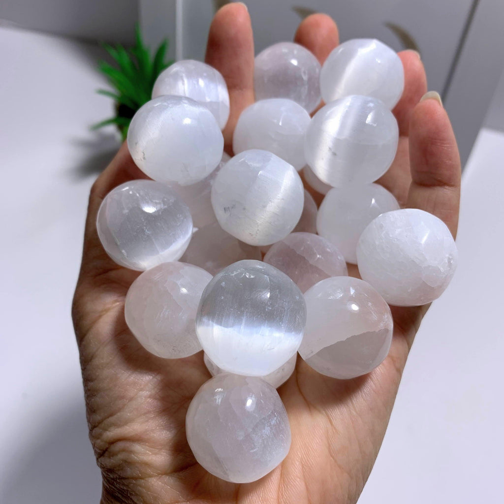 One Selenite Glowing White Orb Pocket Stone - Earth Family Crystals