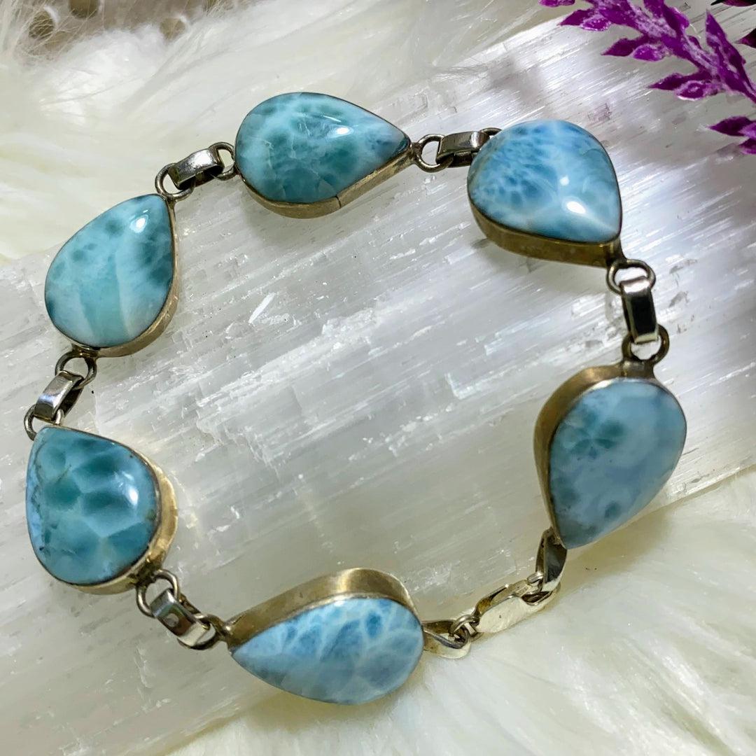 High Grade Genuine Blue Larimar Sterling Silver Large Size Statement Bracelet - Earth Family Crystals