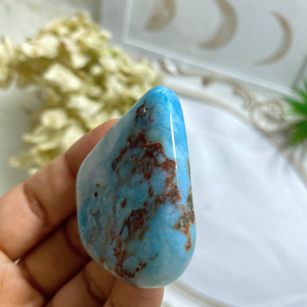 High Quality Deep Blue With Red Veins Polished Larimar Specimen From The Dominican Republic (Drilled) - Earth Family Crystals