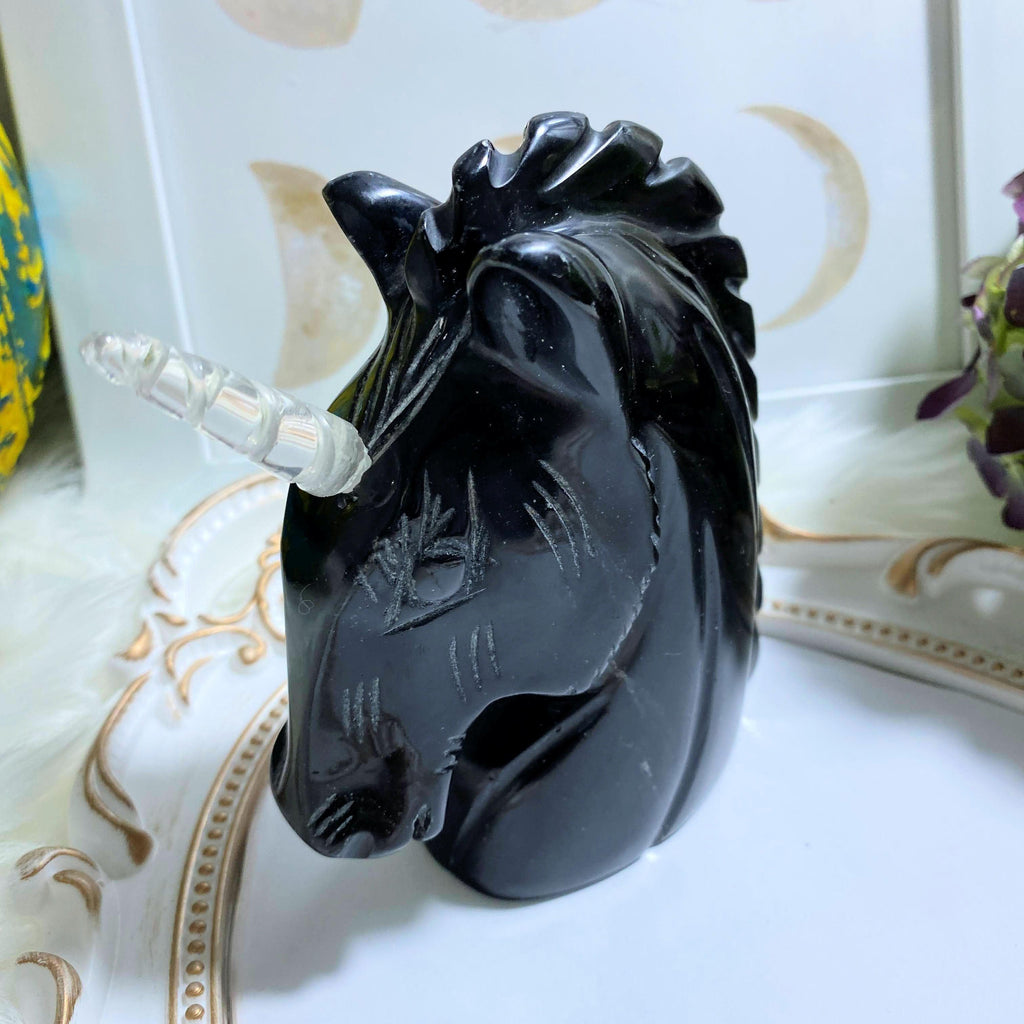 Mystical Large Obsidian Unicorn with Clear Quartz Horn Display Specimen *REDUCED* - Earth Family Crystals