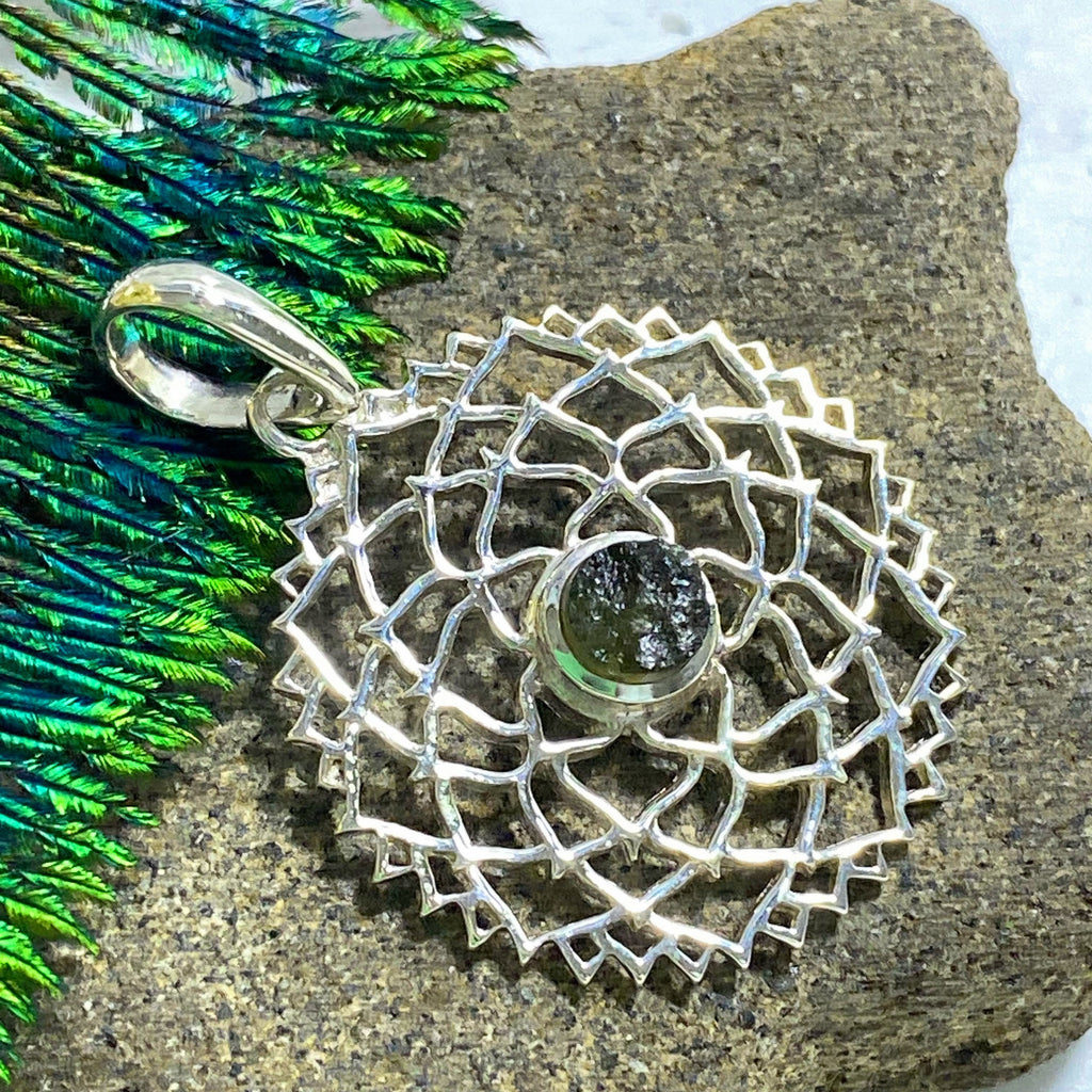 Rare! Genuine Natural Moldavite Flower of Life Mandala Sterling Silver Pendant (Includes Silver Chain) - Earth Family Crystals