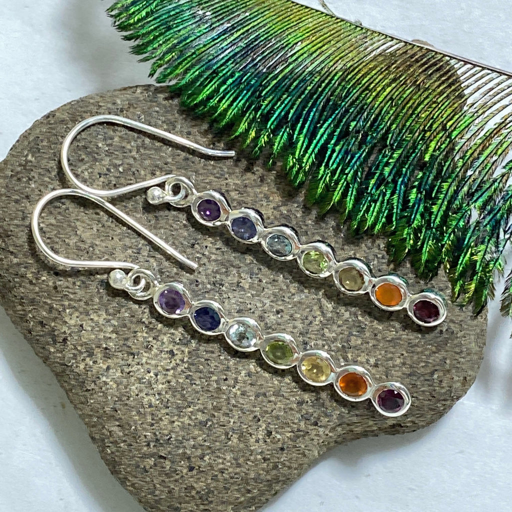 Faceted 7 Stone Chakra Gemstone Earrings In Sterling Silver - Earth Family Crystals