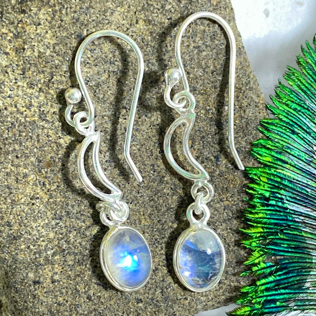 Precious Rainbow Moonstone & Crescent Moon Earrings in Sterling Silver - Earth Family Crystals