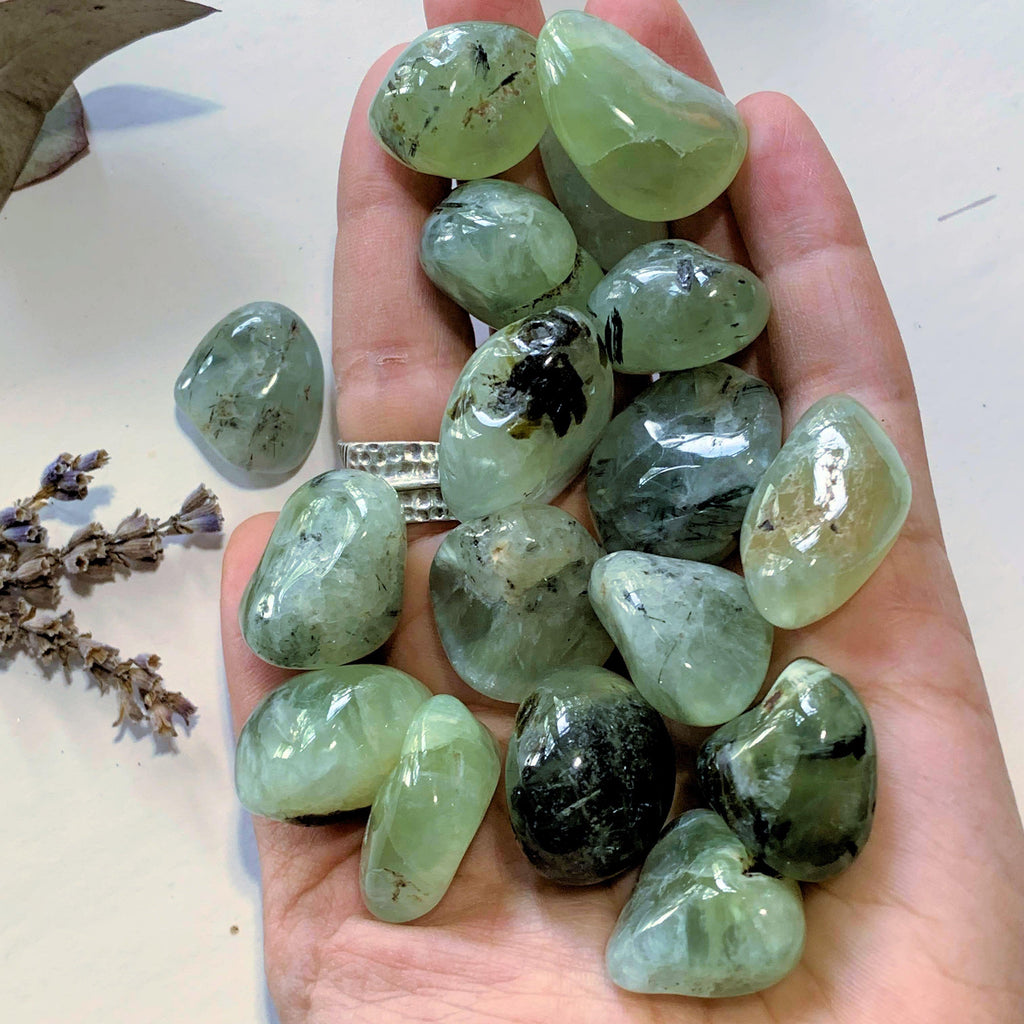 Set of 2 Prehnite Tumbled Stones With Epidote Inclusions -Locality Mali - Earth Family Crystals