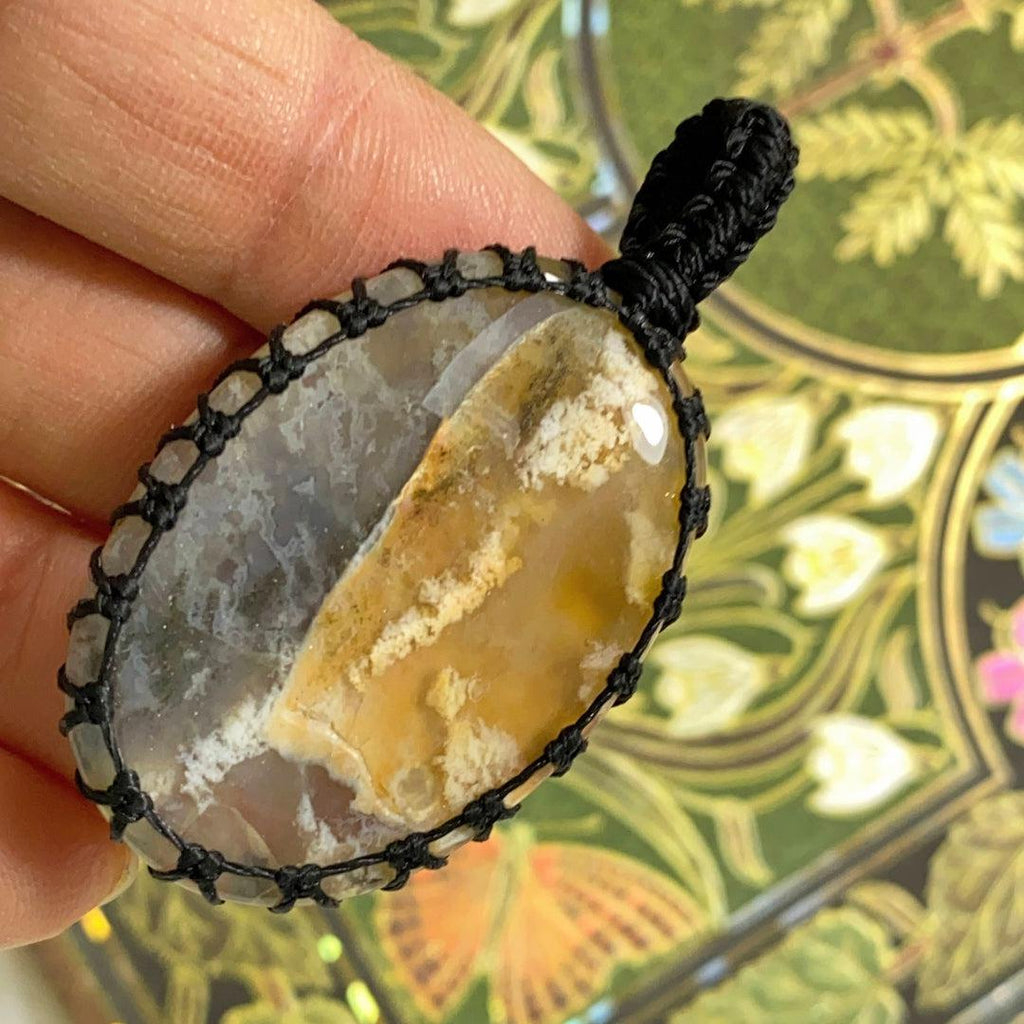 Interesting Pattern! Yellow & Clear Agate Handmade Macrame Pendant - Earth Family Crystals
