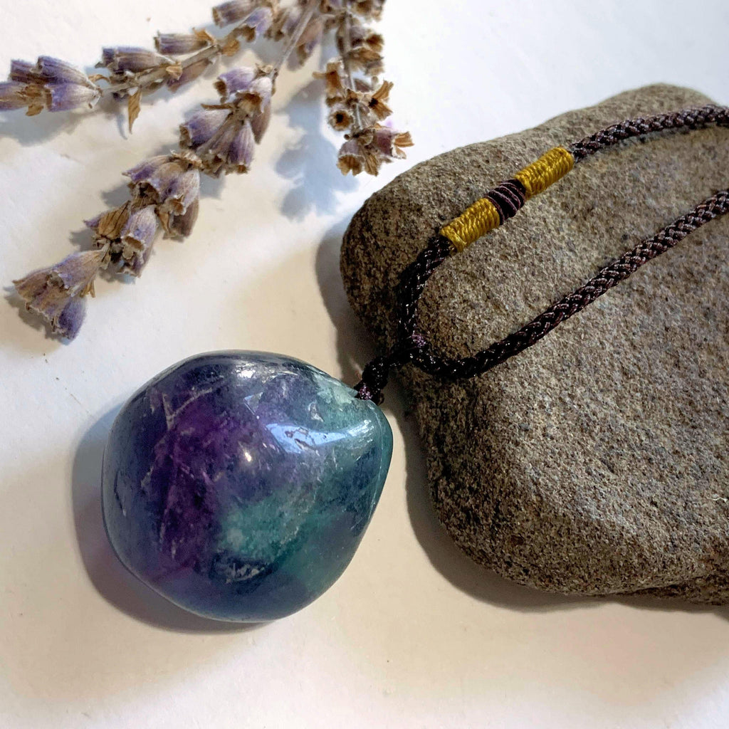 Beautiful Vibrant Polished Rainbow Fluorite Stone Necklace on Adjustable Cord - Earth Family Crystals