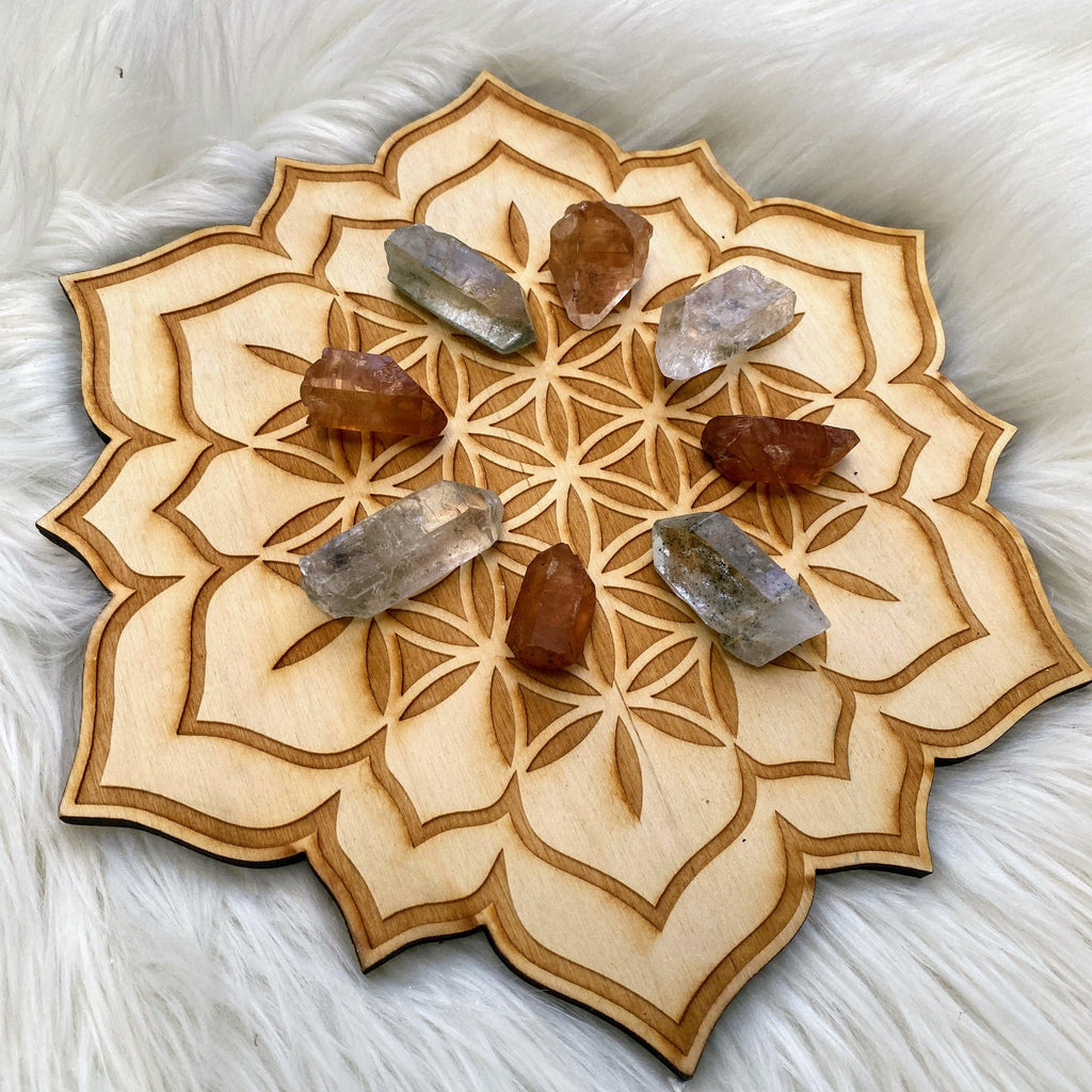 Crystal Mandala Set~ Flower of Life Lotus Birch Wood Board 9 inch (Includes 8 Assorted Quartz Points) - Earth Family Crystals