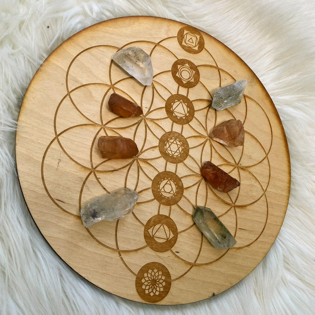 Crystal Mandala Set~ Flower of Life Birch wood board 9inch (Includes 8 Assorted Quartz Points) - Earth Family Crystals