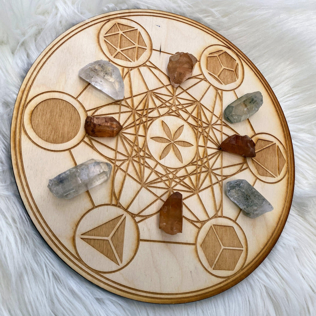 Crystal Mandala Set~ Metatron's Cube Crystal Grid Platonic solids 9inch (Includes 8 Assorted Quartz Points) - Earth Family Crystals