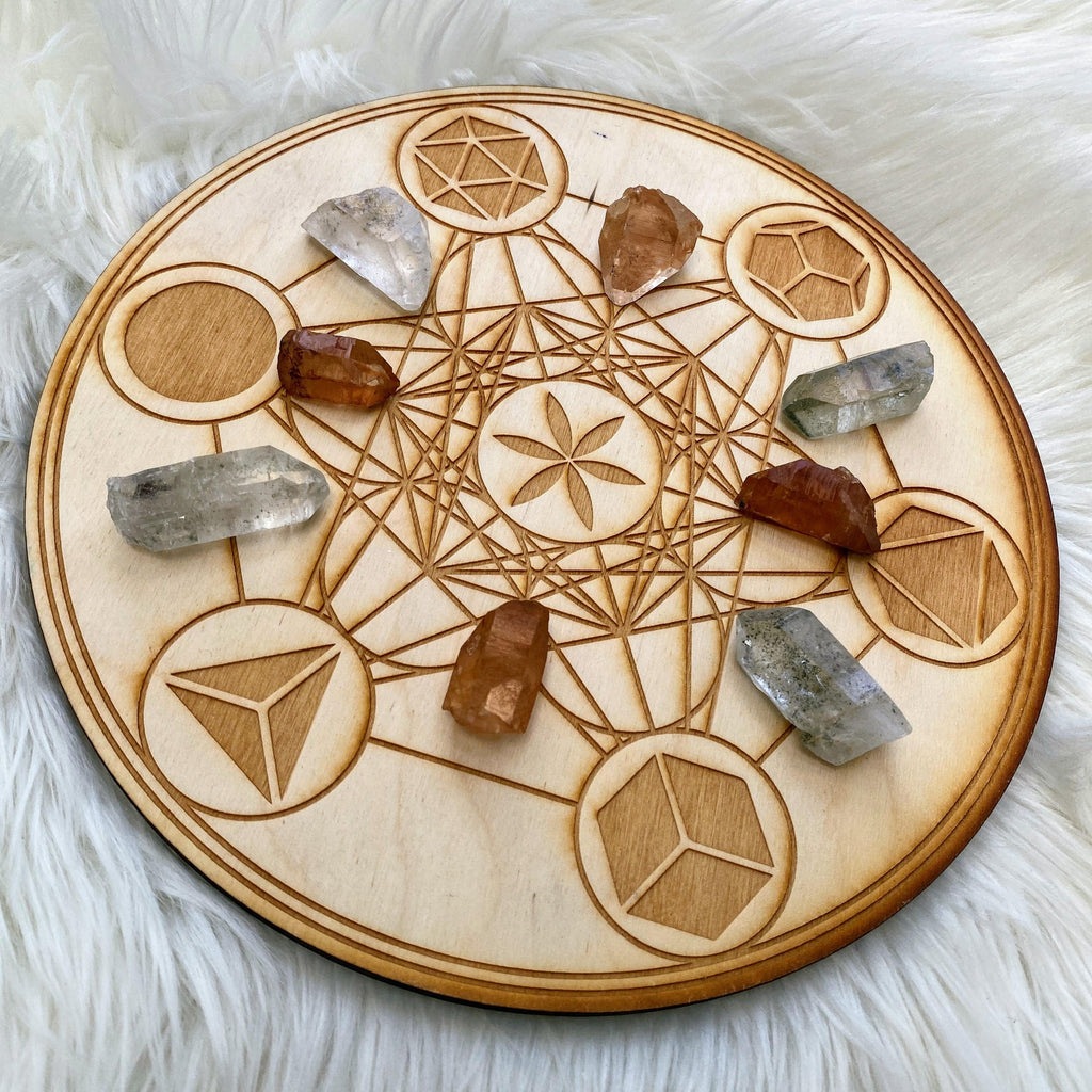Crystal Mandala Set~ Metatron's Cube Crystal Grid Platonic solids 9inch (Includes 8 Assorted Quartz Points) - Earth Family Crystals