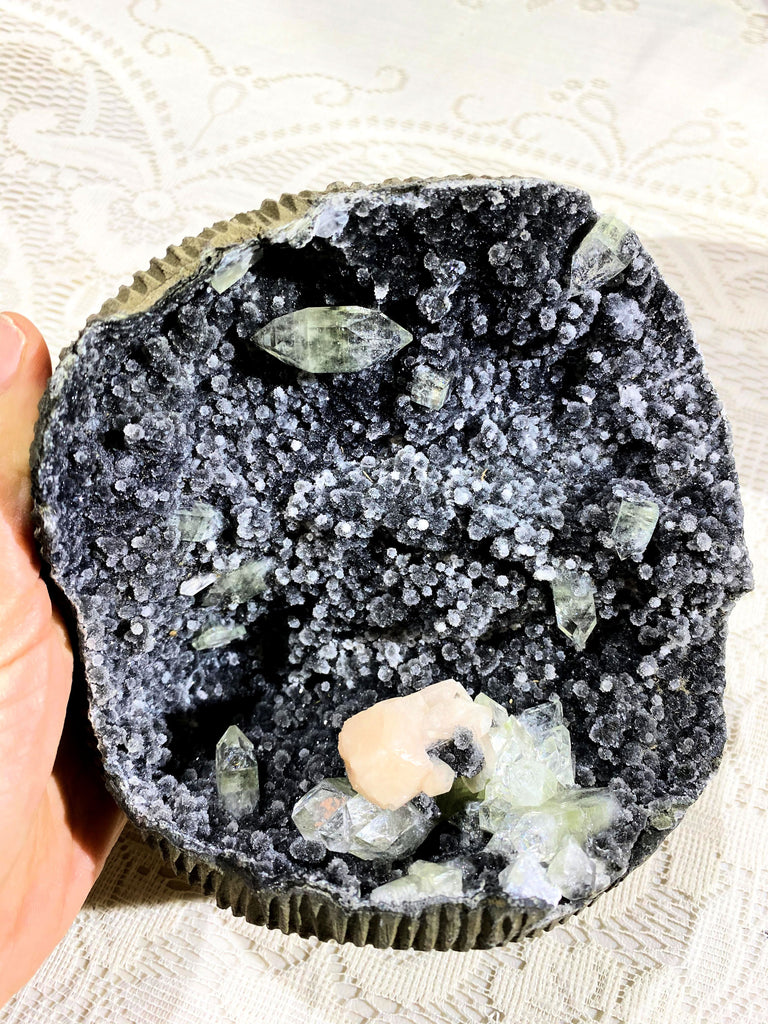 AAA grade Apophylite chalcedony with Silbite in a geode - Earth Family Crystals