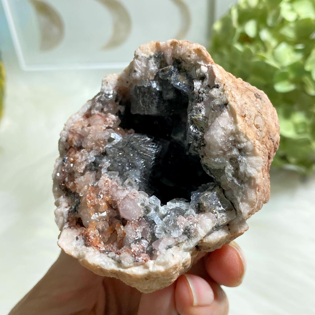 Unique Pink Amethyst Geode With Black & Clear Calcite From Patagonia - Earth Family Crystals