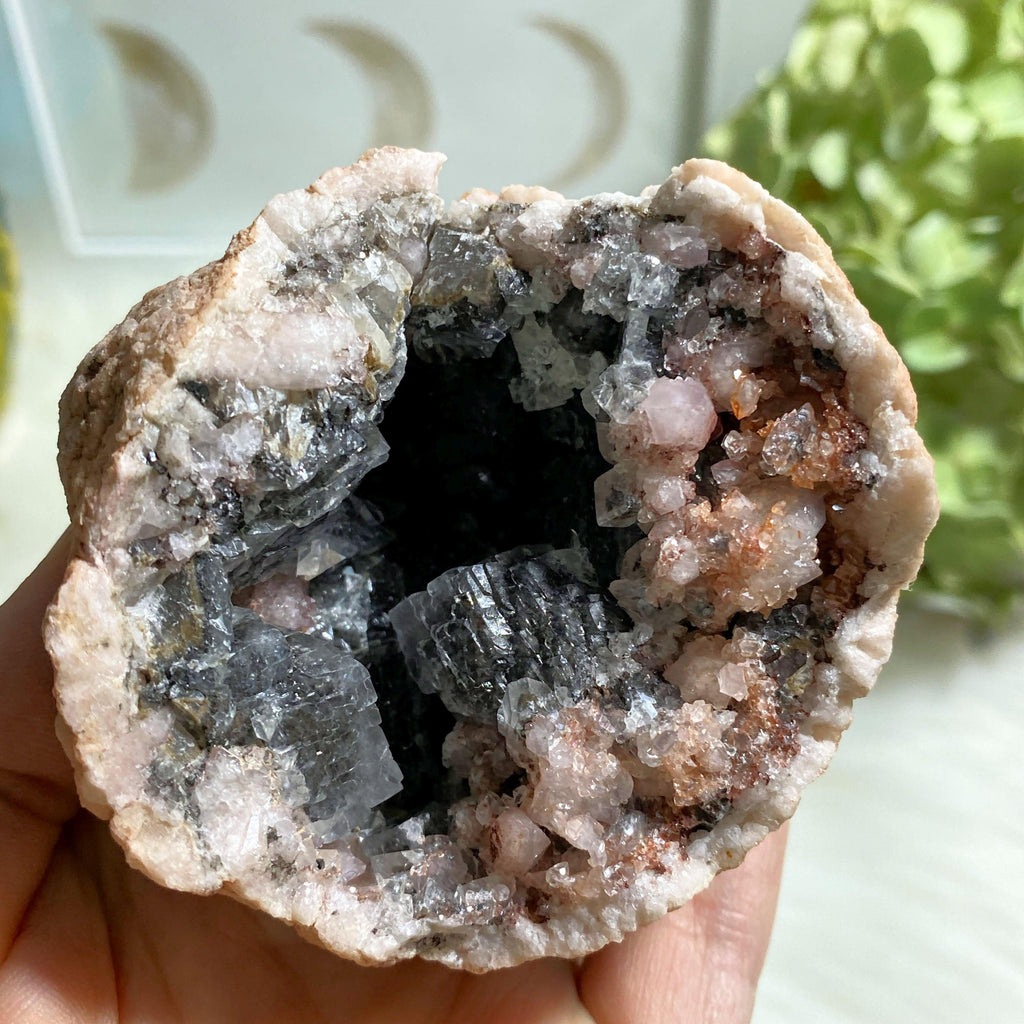 Unique Pink Amethyst Geode With Black & Clear Calcite From Patagonia - Earth Family Crystals