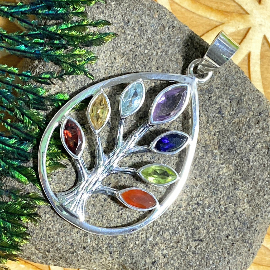 Tree of Life  7 Stone Chakra Gemstone Pendant In Sterling Silver (Includes Silver chain) - Earth Family Crystals