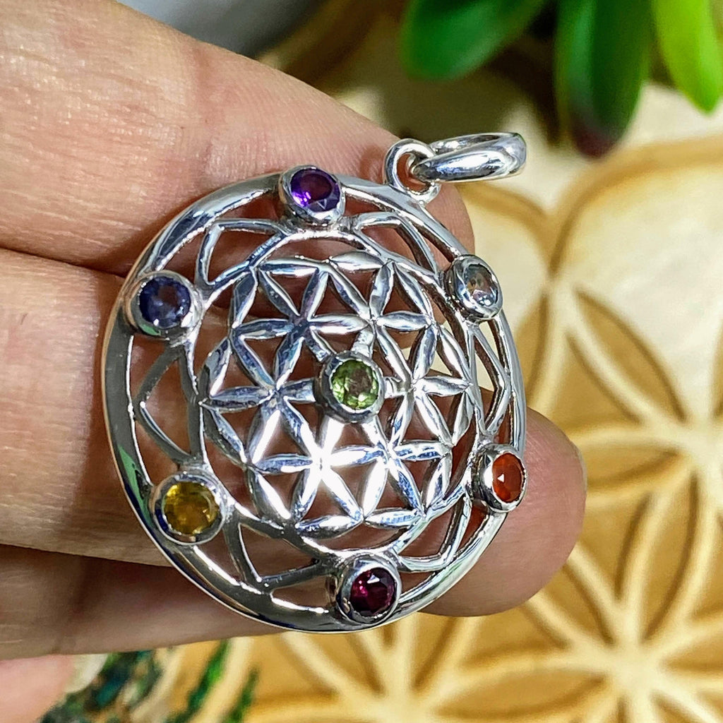 Sacred Geometry Flower of life Chakra  Pendant In Sterling Silver (Includes Silver chain) - Earth Family Crystals