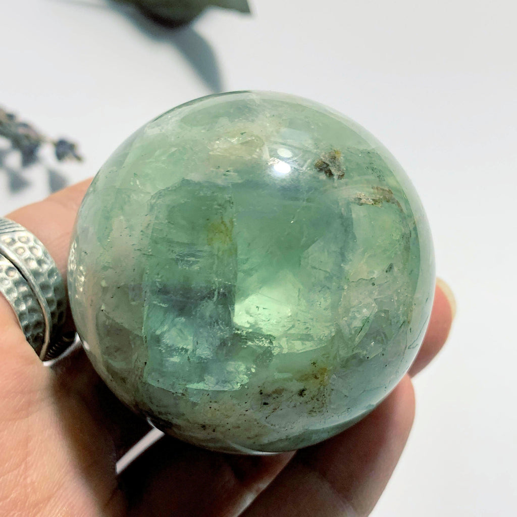 Rainbows Fanned Barite Included Green Fluorite Sphere Carving - Earth Family Crystals