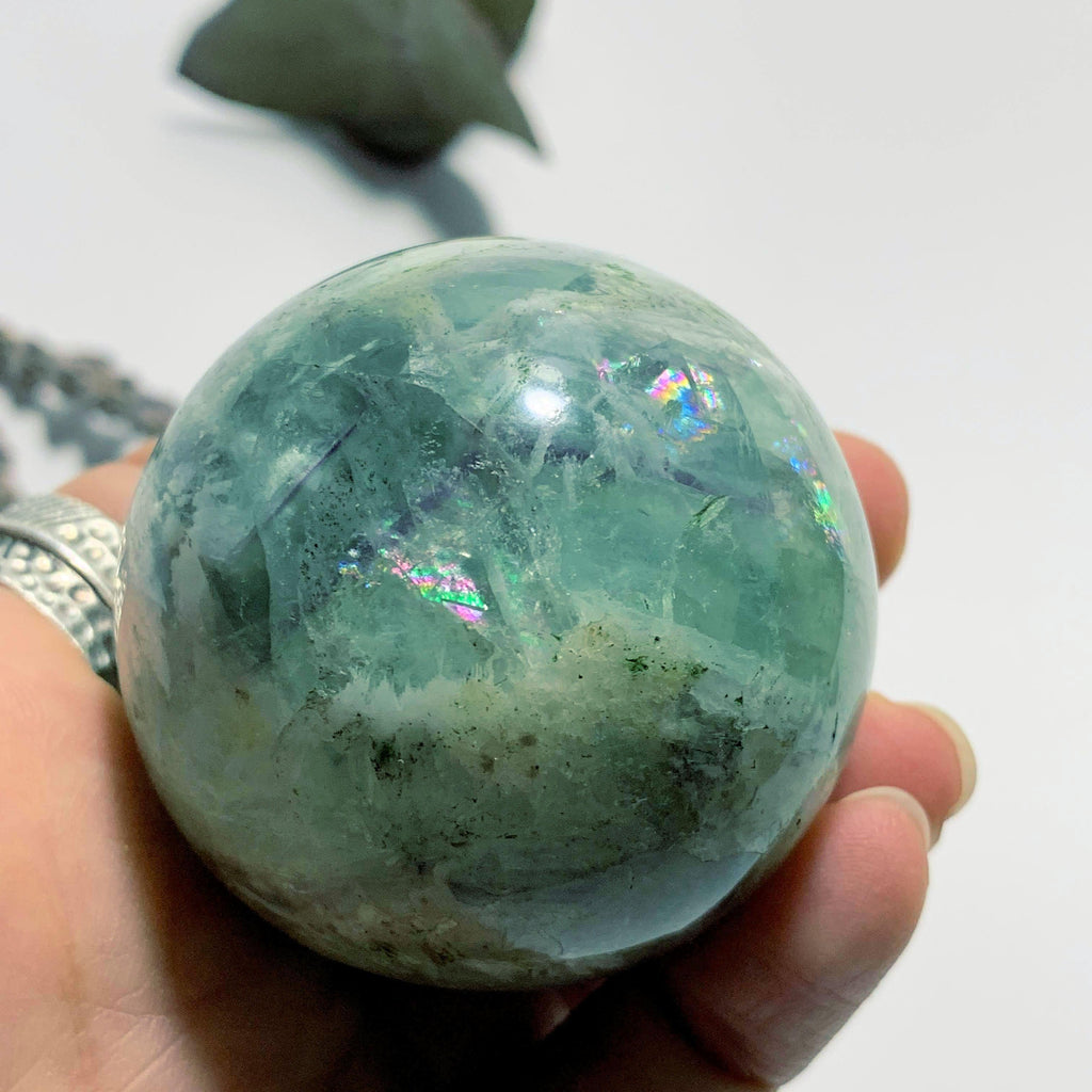 Rainbows Fanned Barite Included Green Fluorite Sphere Carving - Earth Family Crystals
