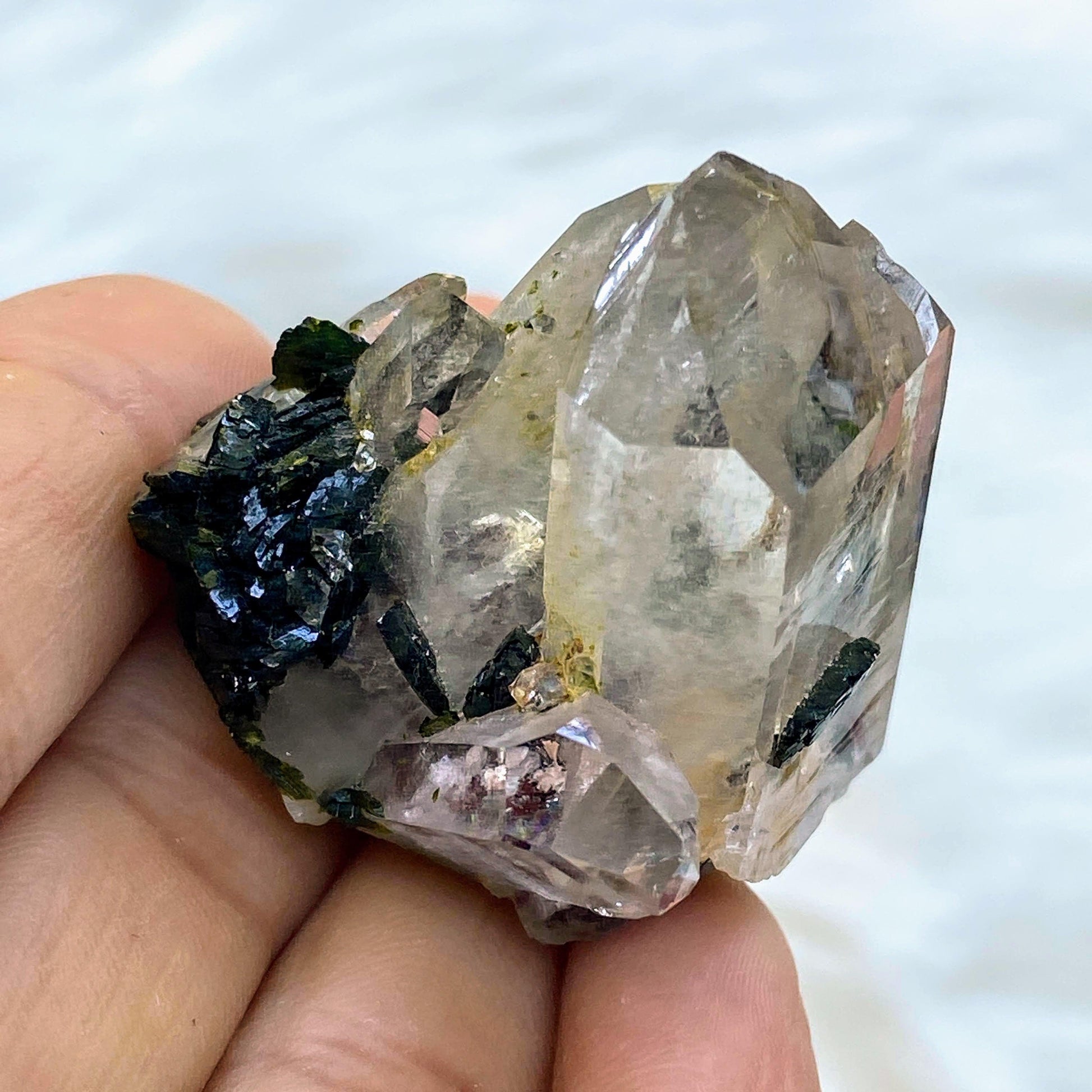 Gemmy Forest Green Epidote & Clear Quartz Natural Cluster - Earth Family Crystals