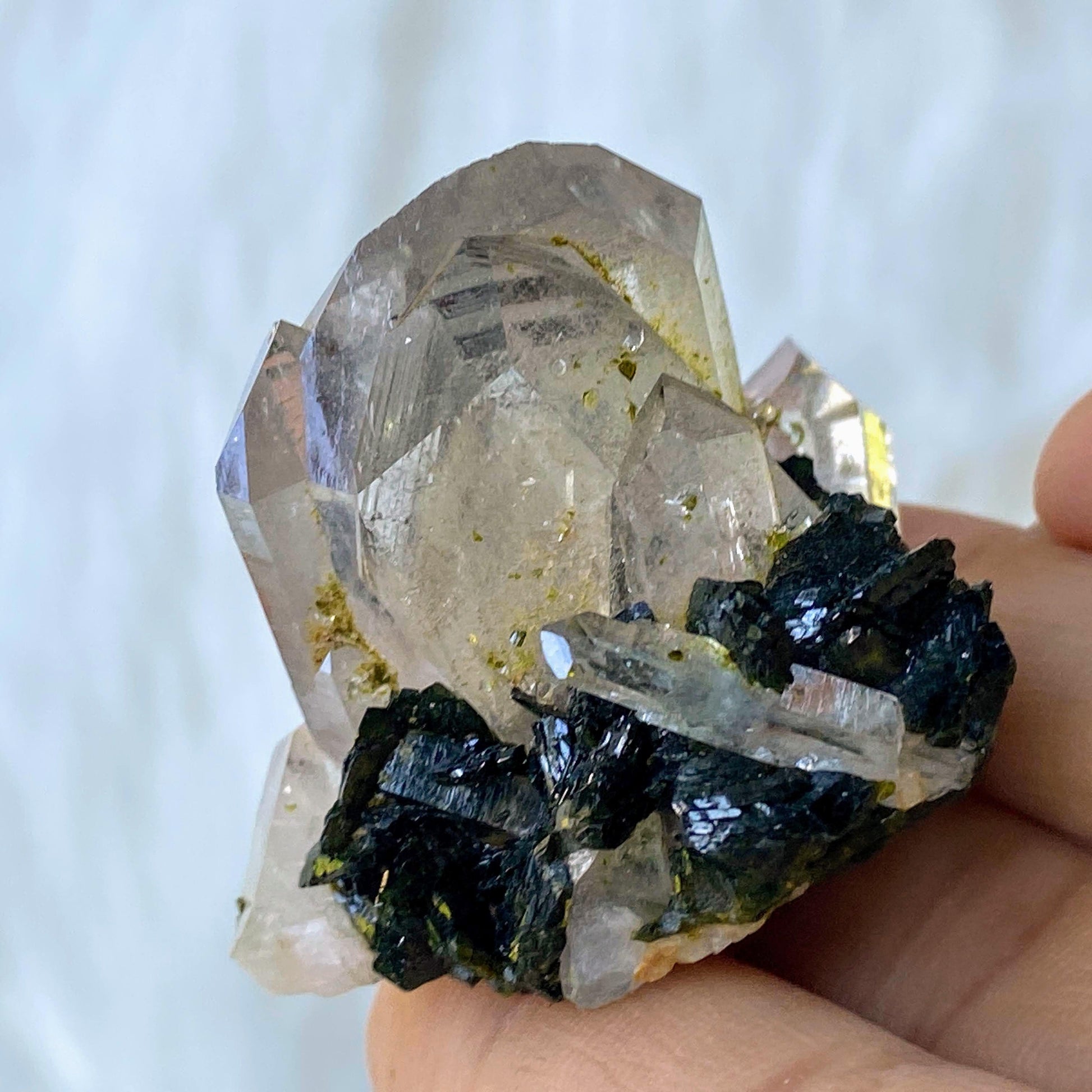 Gemmy Forest Green Epidote & Clear Quartz Natural Cluster - Earth Family Crystals