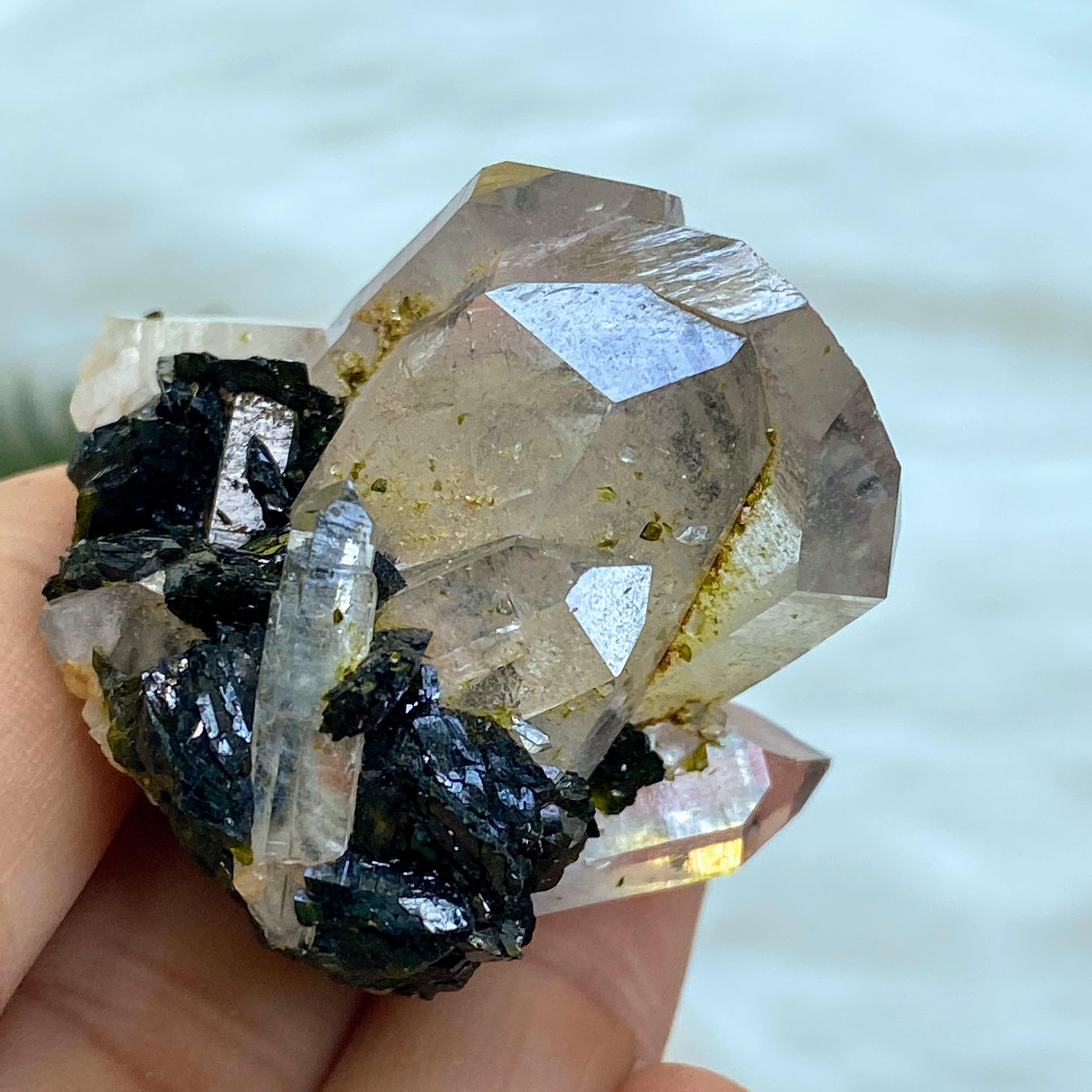 Gemmy Forest Green Epidote & Clear Quartz Natural Cluster - Earth Family Crystals