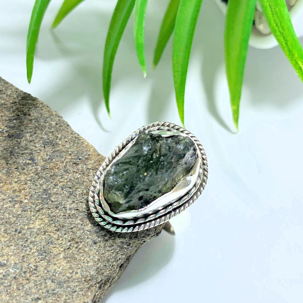Genuine Natural Moldavite Ring In Sterling Silver (Size 5.5) - Earth Family Crystals