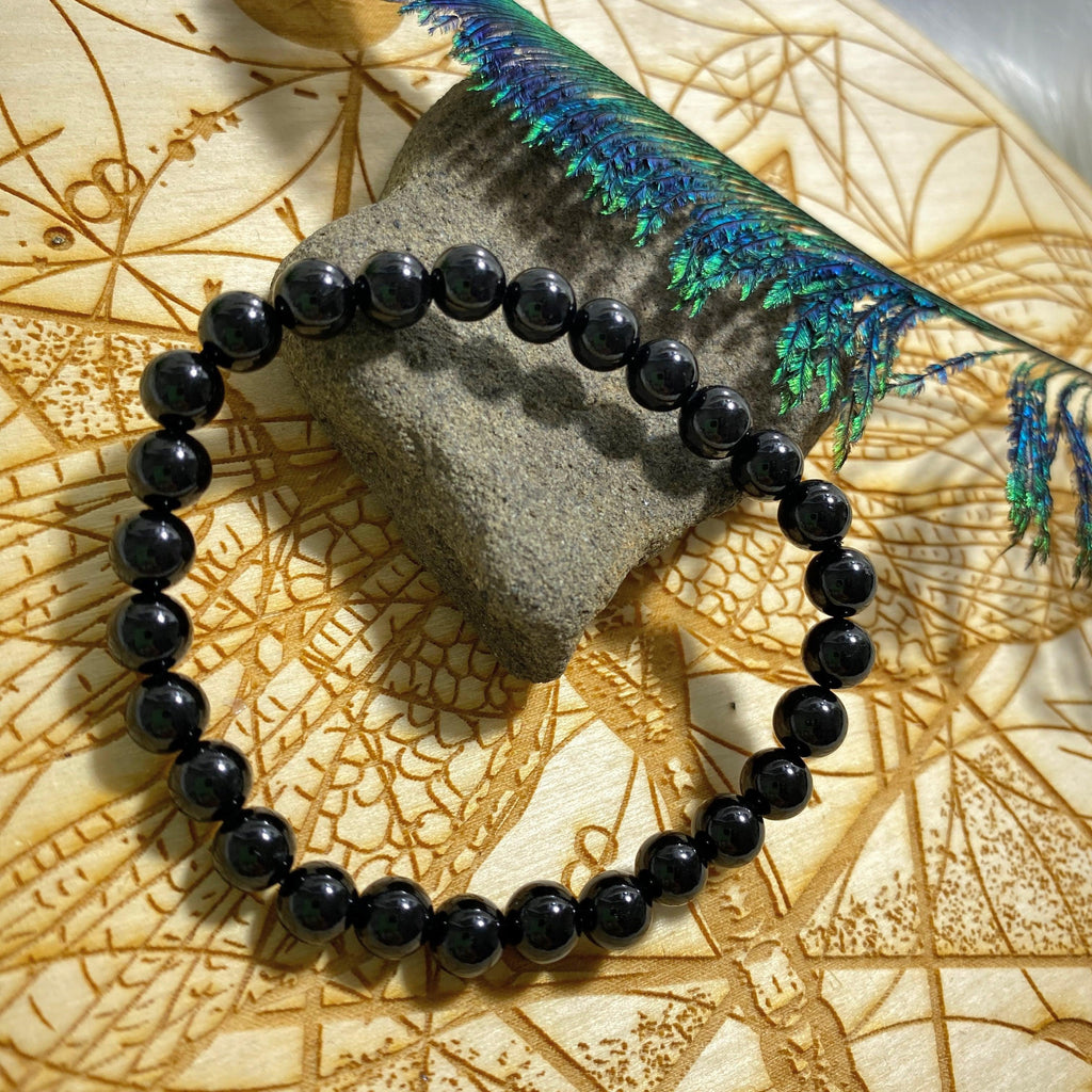 Black Tourmaline Rounded Polished Bead Bracelet on Stretchy Cord - Earth Family Crystals