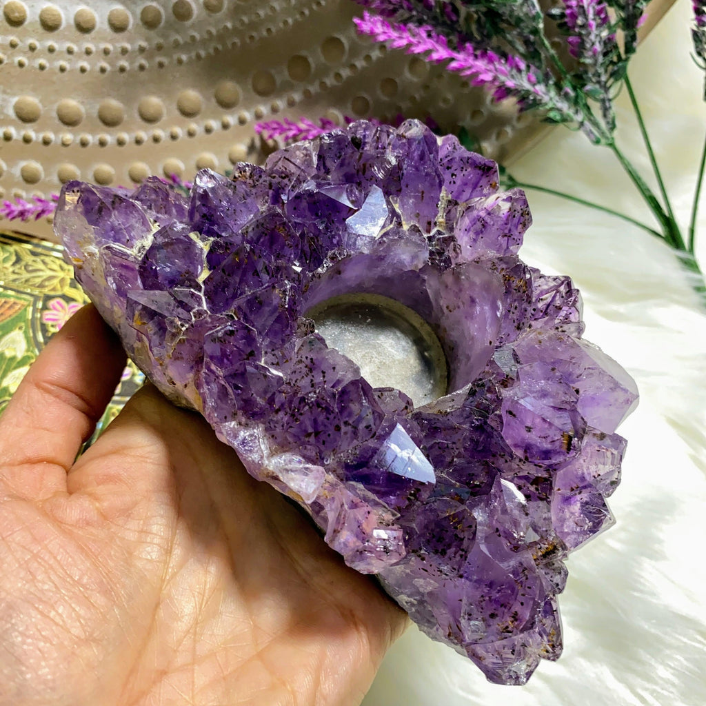 Incredible Large Amethyst Candle Holder With Cacoxenite inclusions - Earth Family Crystals