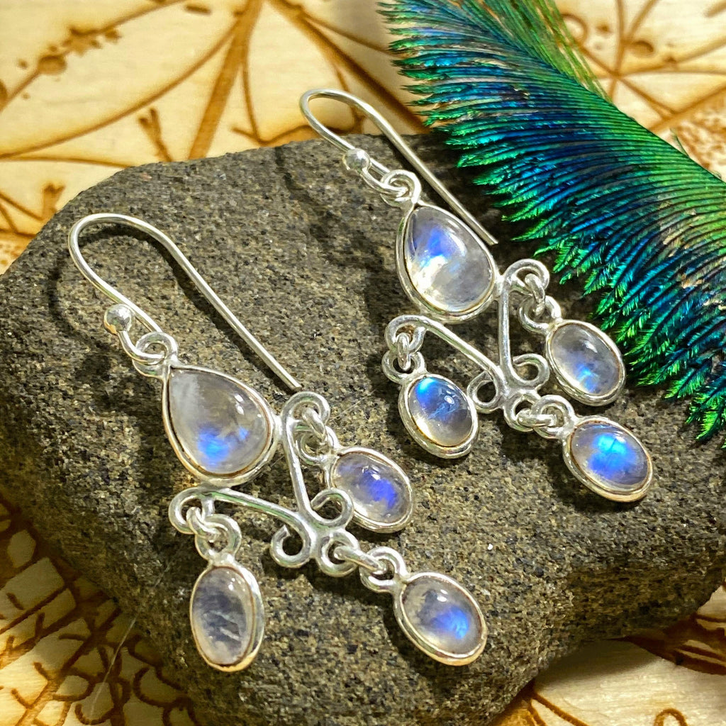 Gorgeous Glow Rainbow Moonstone Chandelier Earrings in Sterling Silver - Earth Family Crystals