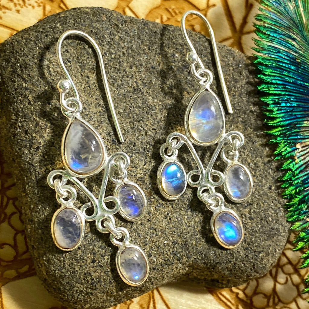 Gorgeous Glow Rainbow Moonstone Chandelier Earrings in Sterling Silver - Earth Family Crystals