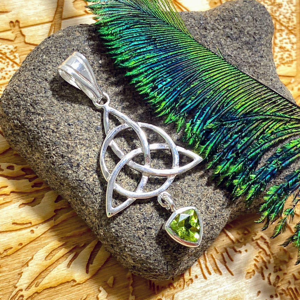 Lovely Triquetra & Dangling Faceted Peridot Sterling Silver Pendant (Includes Silver Chain) - Earth Family Crystals