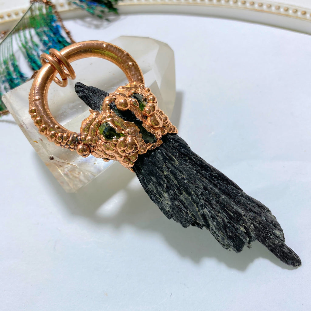RESERVED For Sandy~ Chunky Moldavite, Peridot & Black Kyanite Handmade Copper Necklace (24 inch chain) - Earth Family Crystals