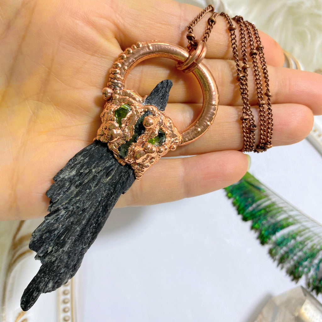 RESERVED For Sandy~ Chunky Moldavite, Peridot & Black Kyanite Handmade Copper Necklace (24 inch chain) - Earth Family Crystals