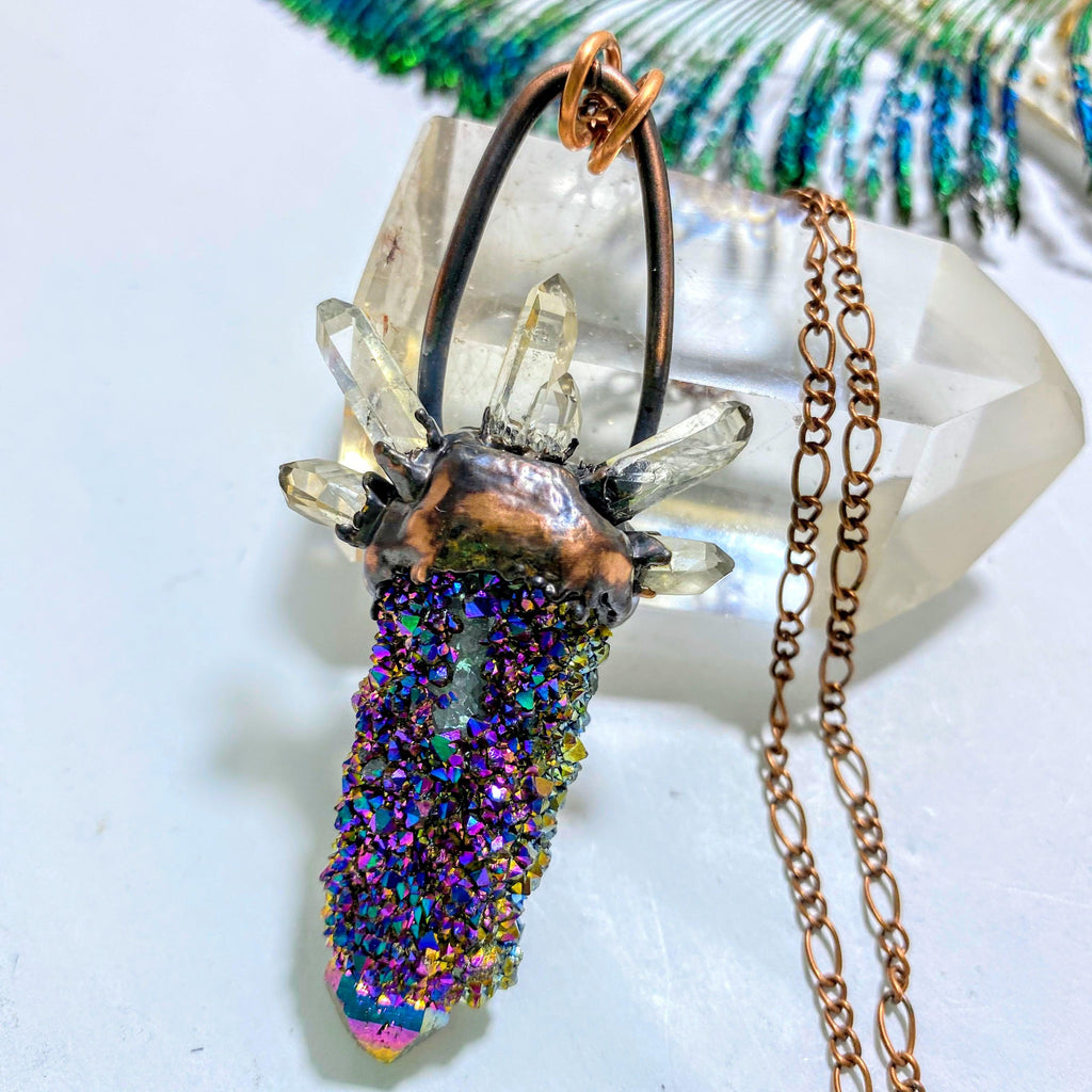 RESERVED For Sandy~ Sparkling Titanium Spirit Quartz & Clear Quartz Handmade Copper Necklace (24 inch chain) - Earth Family Crystals