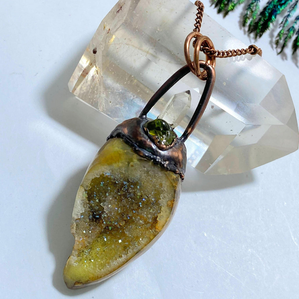Sparkling Spiralite Gemshell, Peridot & Clear Quartz Handmade Copper Necklace (24 inch chain) - Earth Family Crystals