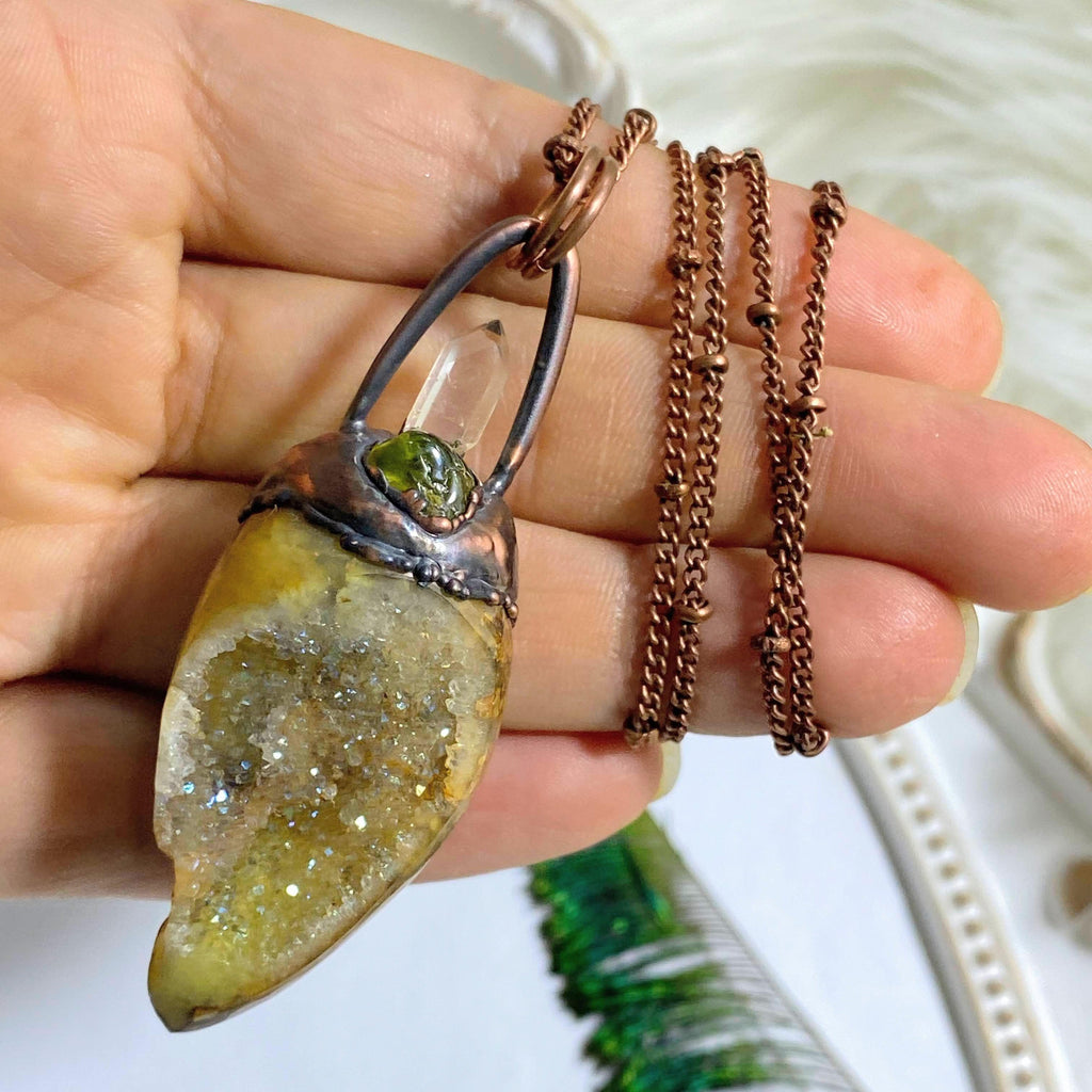 Sparkling Spiralite Gemshell, Peridot & Clear Quartz Handmade Copper Necklace (24 inch chain) - Earth Family Crystals