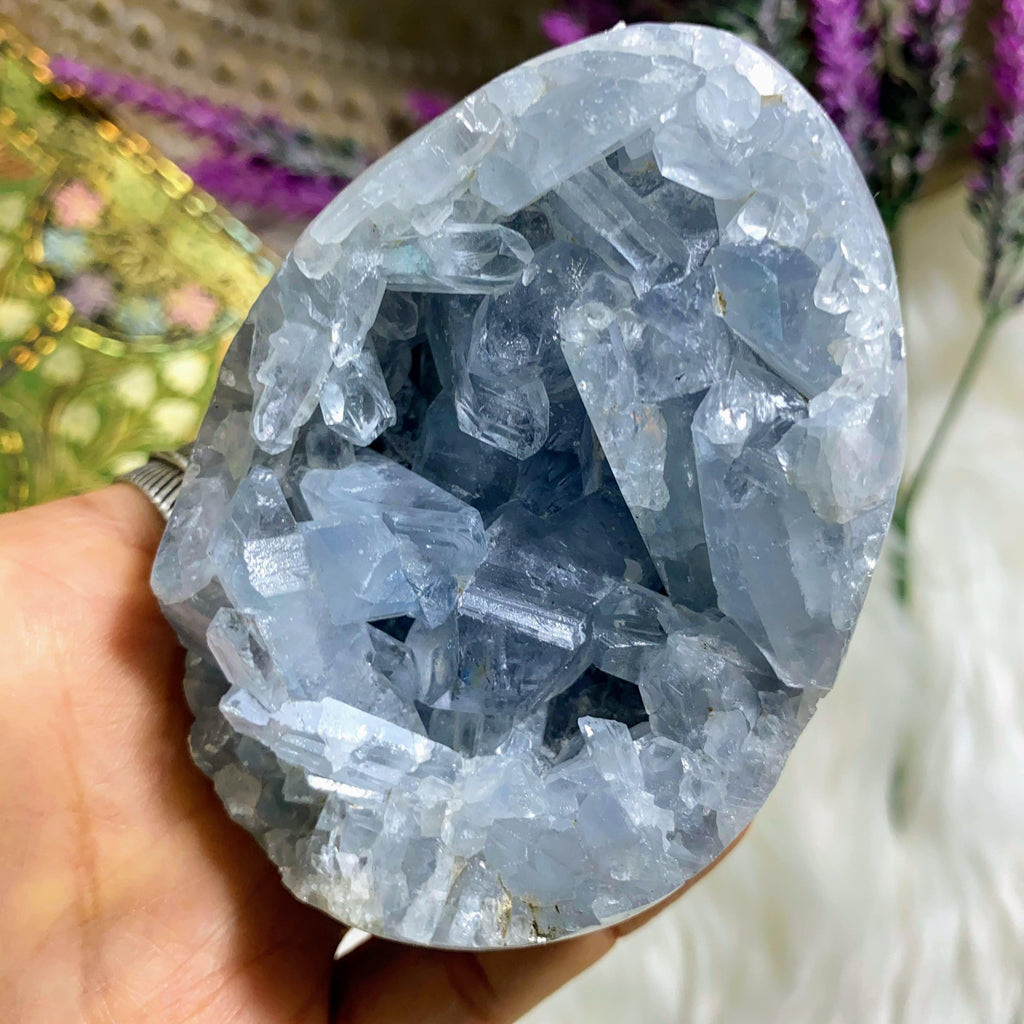 Angelic Vibes! Sweet Blue Celestite Partially Polished Geode Large Egg ~Includes Display Stand - Earth Family Crystals