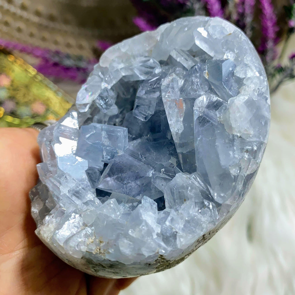 Angelic Vibes! Sweet Blue Celestite Partially Polished Geode Large Egg ~Includes Display Stand - Earth Family Crystals