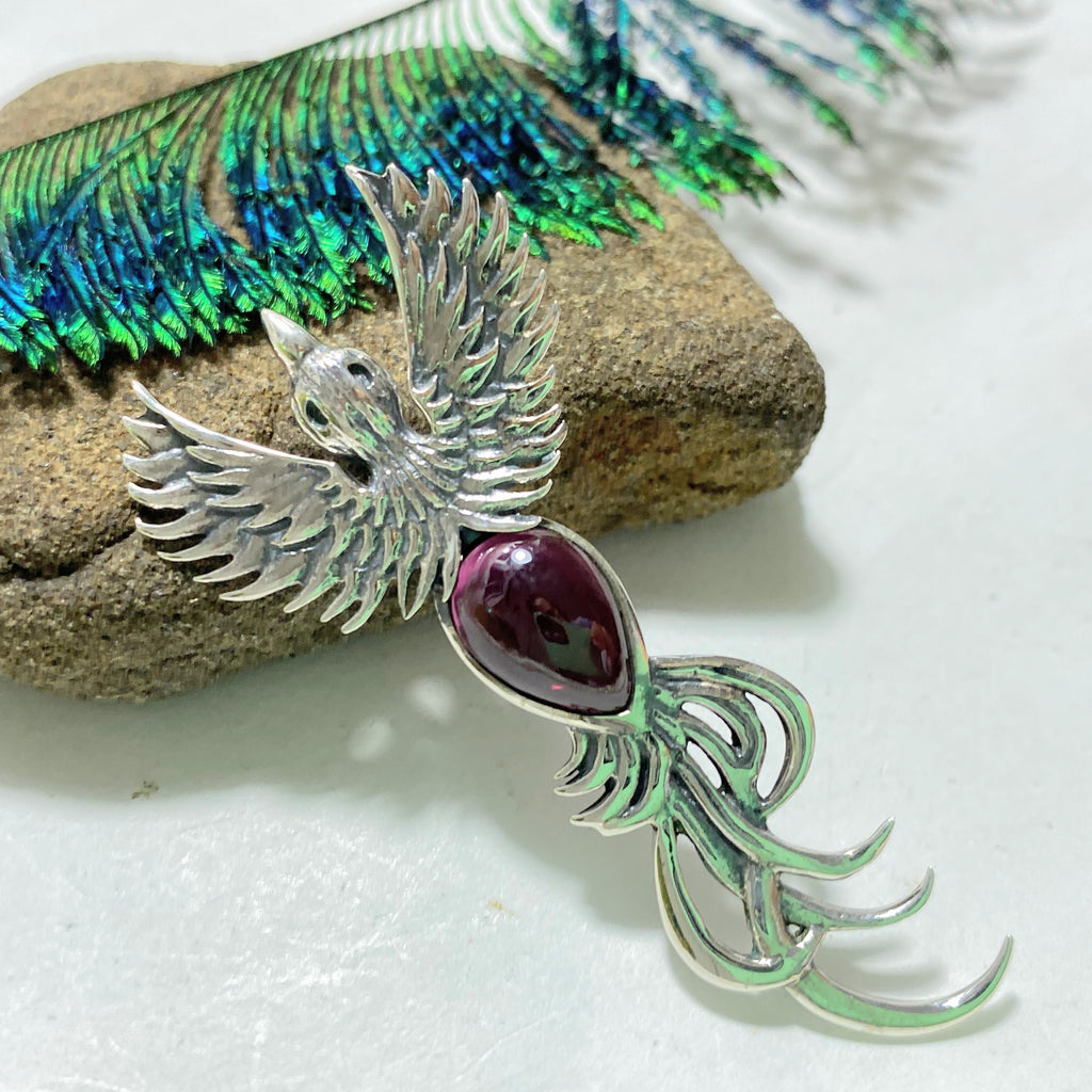 Gorgeous Garnet Phoenix Rising Sterling Silver Pendant (Includes Silver Chain) - Earth Family Crystals