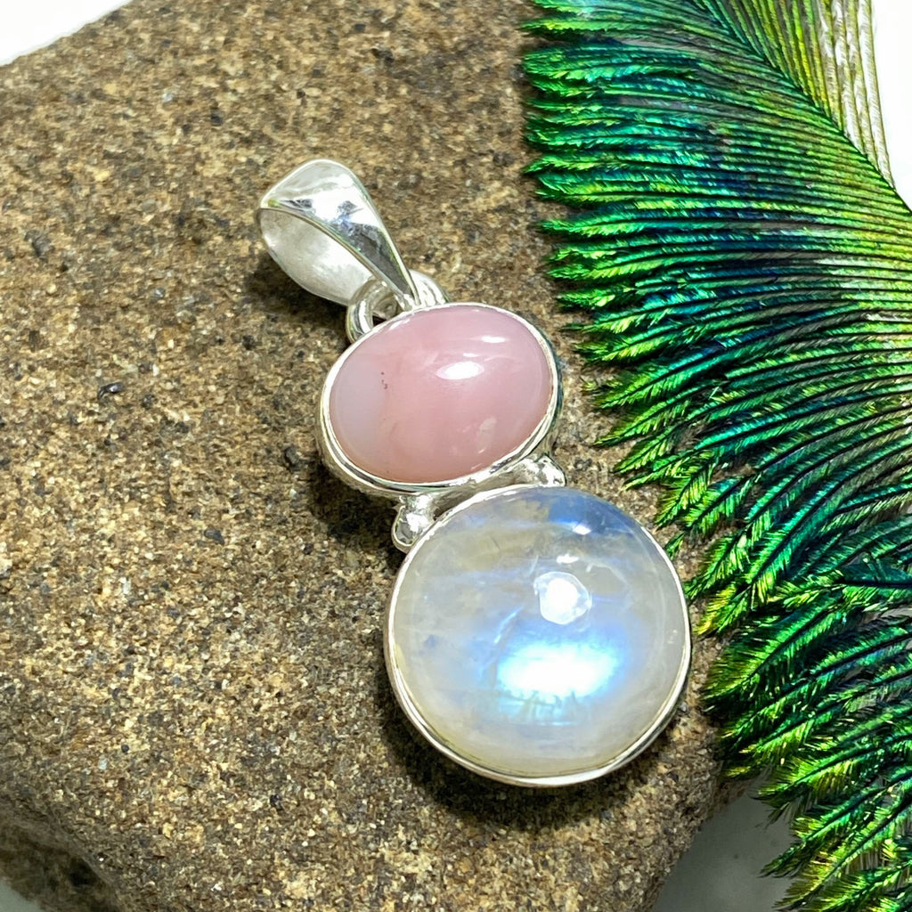 Rare Pink Opal & Rainbow Moonstone Sterling Silver Pendant (Includes Silver Chain) - Earth Family Crystals