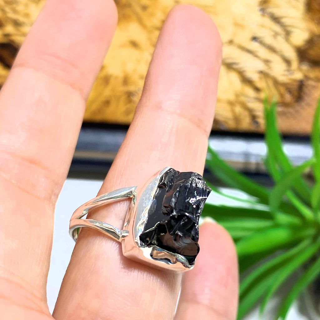 Noble (Elite) Shungite Raw Crystal Ring in Sterling Silver (Size 9.5 ) - Earth Family Crystals