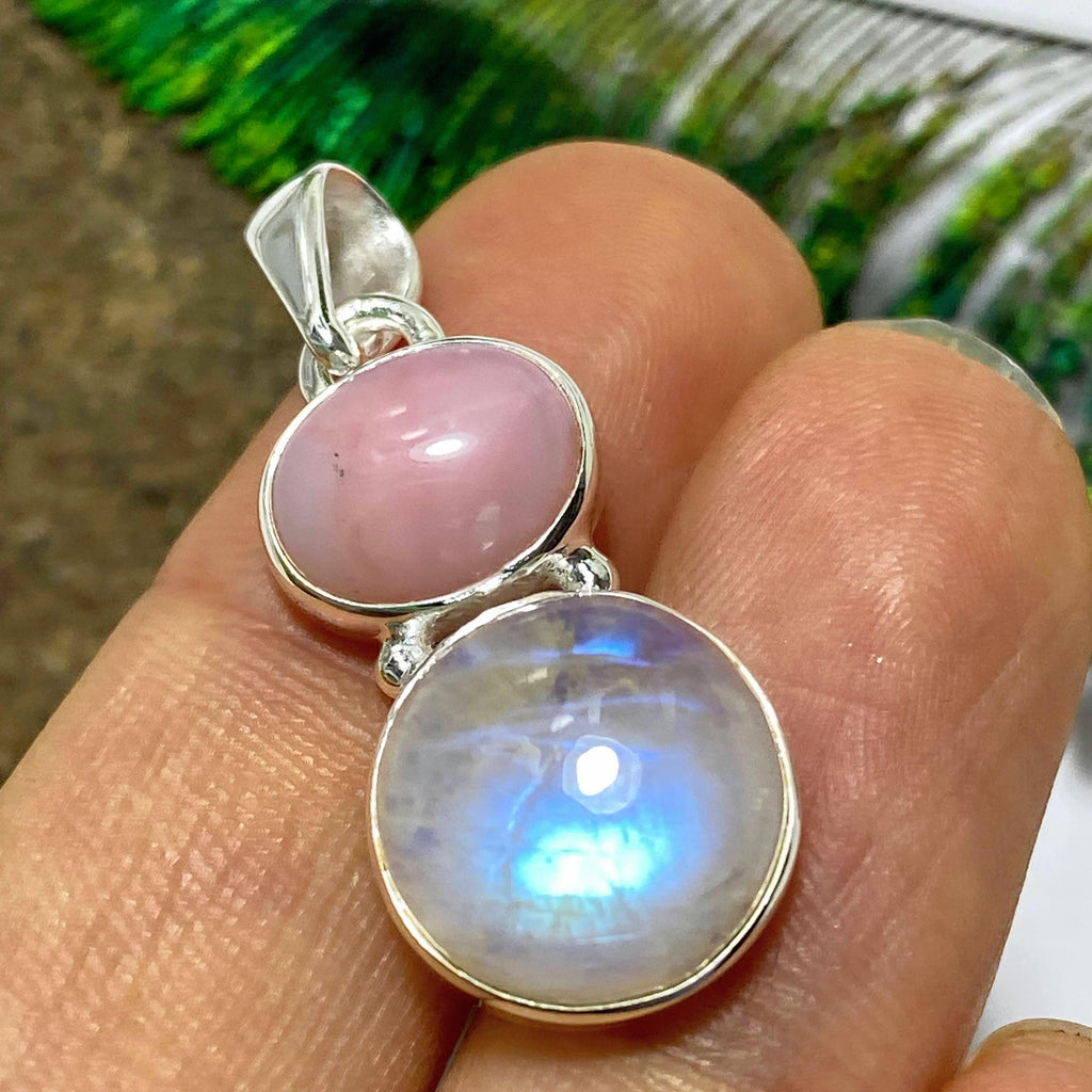 Rare Pink Opal & Rainbow Moonstone Sterling Silver Pendant (Includes Silver Chain) - Earth Family Crystals