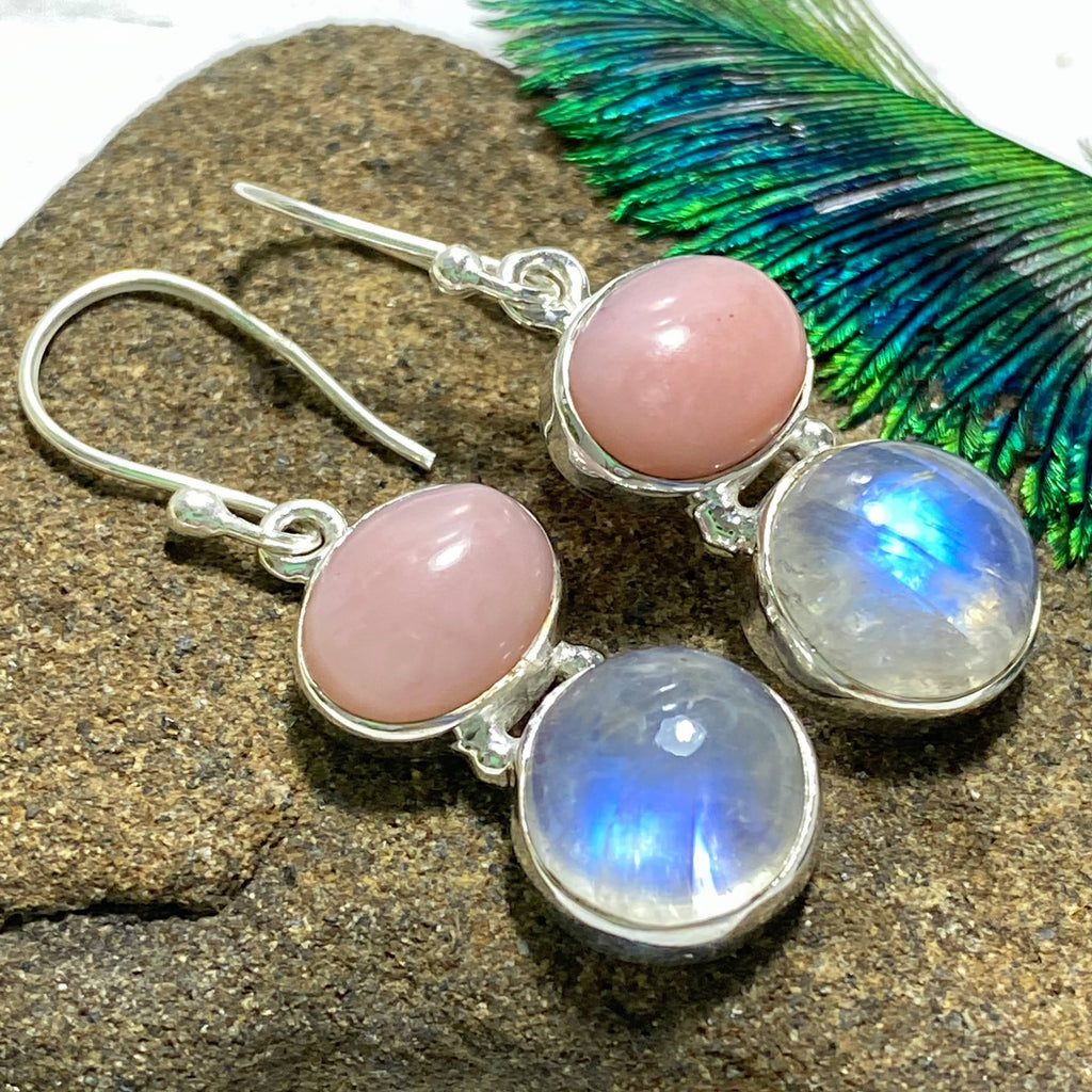 Rare Pink Opal & Flashy Rainbow Moonstone Sterling Silver Earrings - Earth Family Crystals