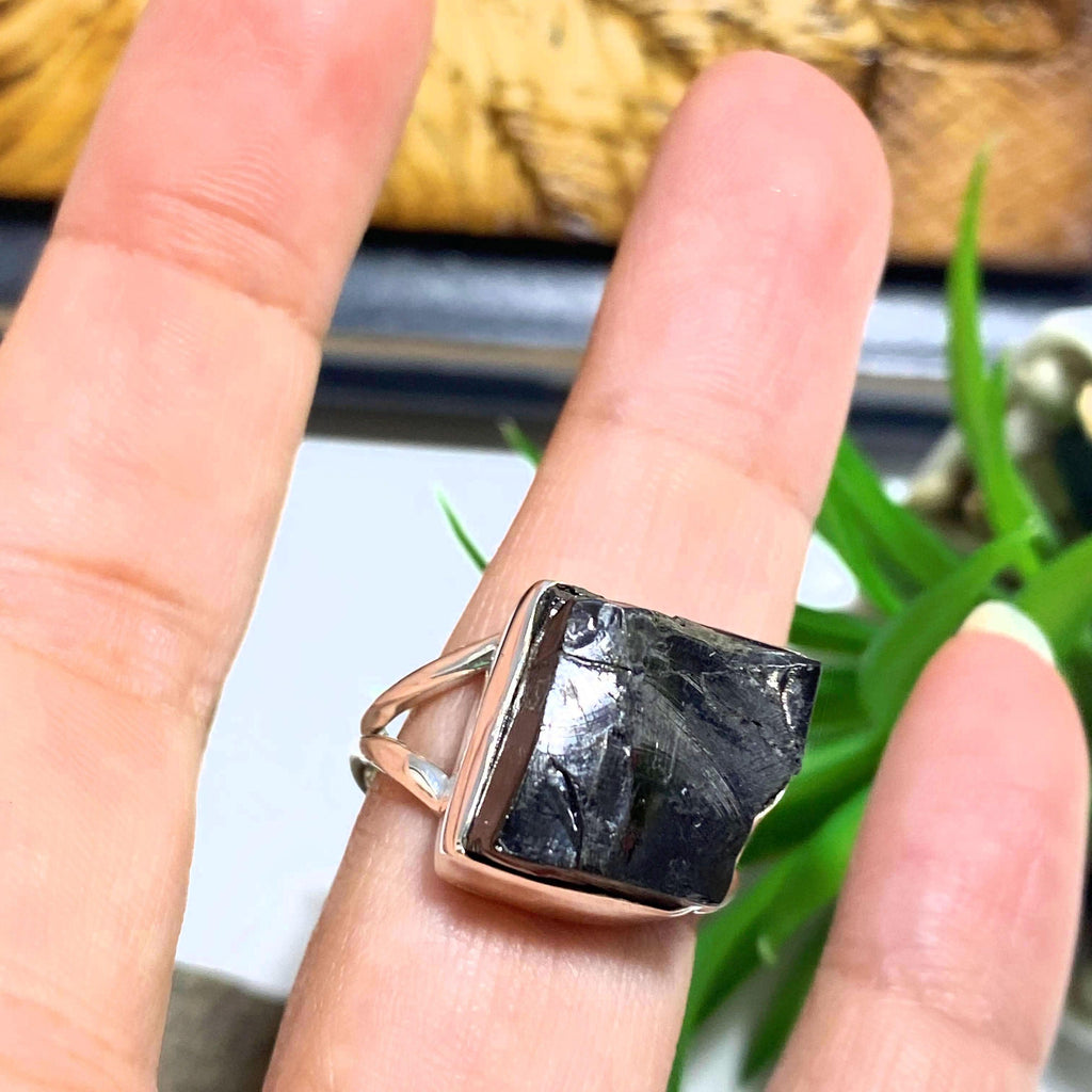 Noble (Elite) Shungite Raw Crystal Ring in Sterling Silver (Size 9 ) - Earth Family Crystals