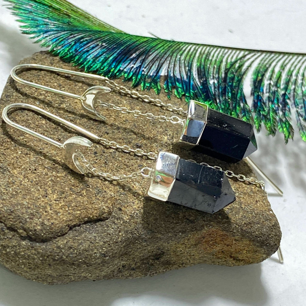 Reserved For Sandy Stylish Black Tourmaline & Crescent Moon Threader Sterling Silver Earrings - Earth Family Crystals