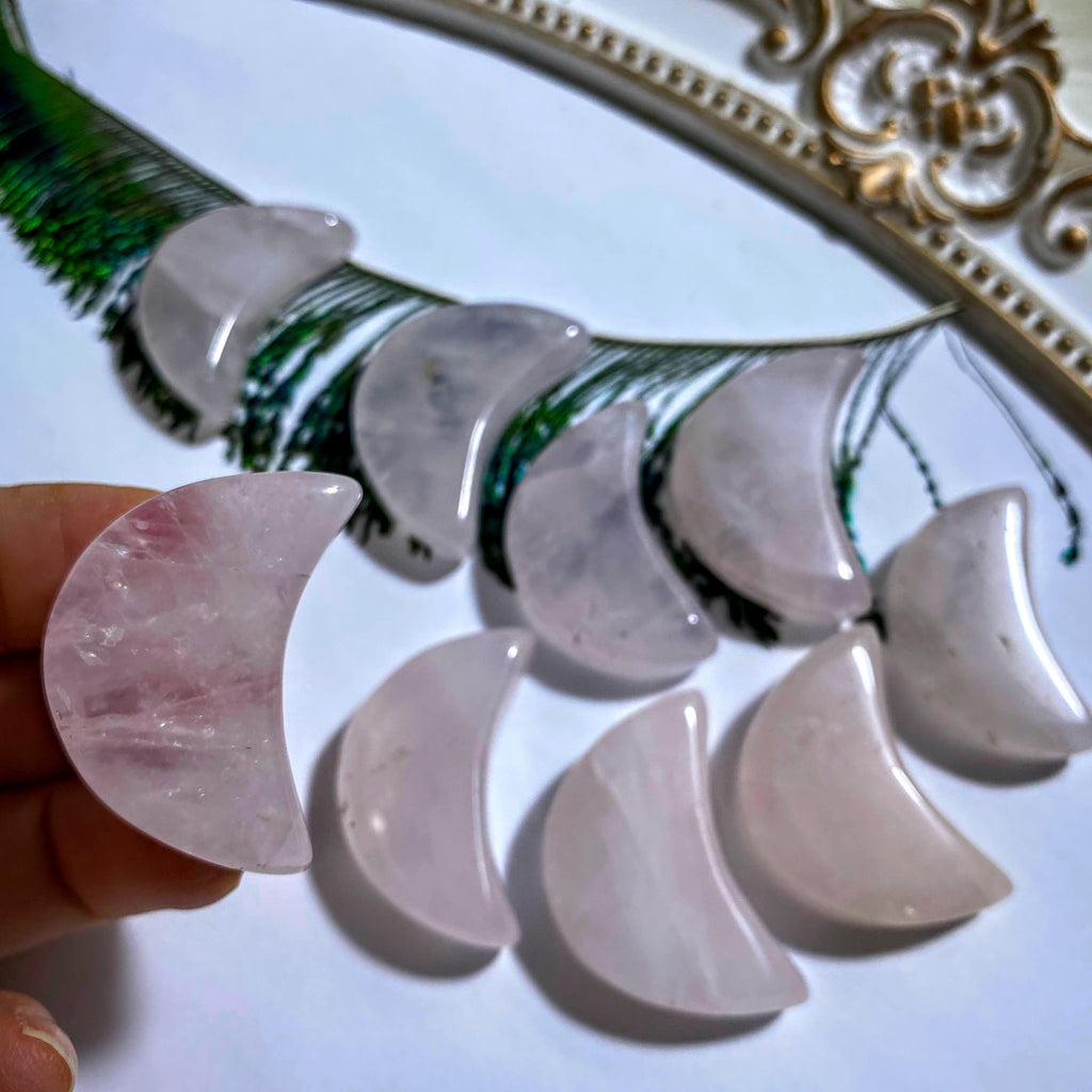 One Sweet Pink Rose Quartz Crescent Moon Carving - Earth Family Crystals