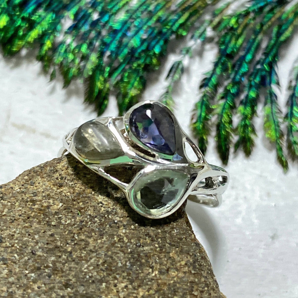 Elegant Faceted Topaz, Iolite & Labradorite Sterling Silver Ring (Size 6) - Earth Family Crystals