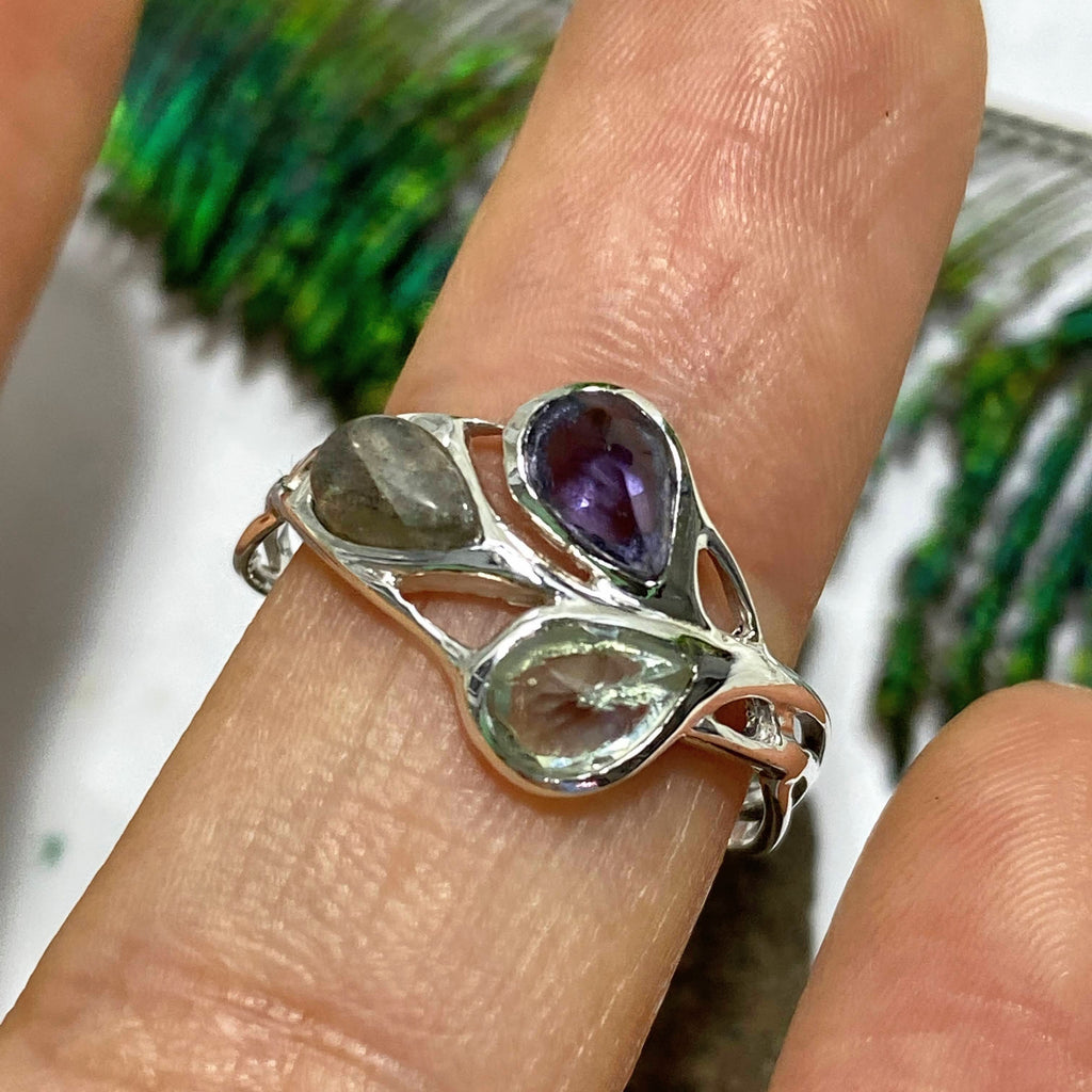 Elegant Faceted Topaz, Iolite & Labradorite Sterling Silver Ring (Size 8) - Earth Family Crystals
