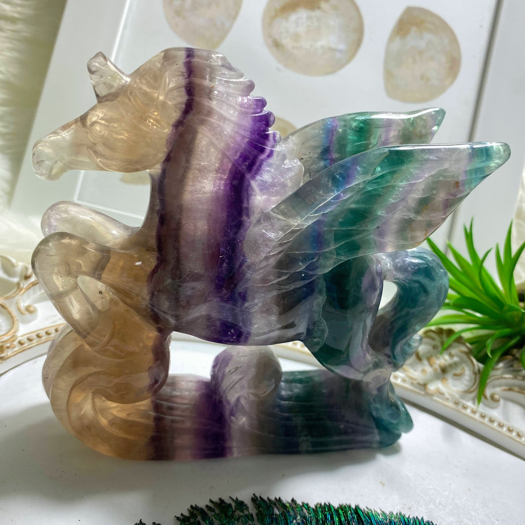 Gorgeous Intricately Carved XL Rainbow Fluorite Unicorn Display Specimen *(REDUCED)* - Earth Family Crystals
