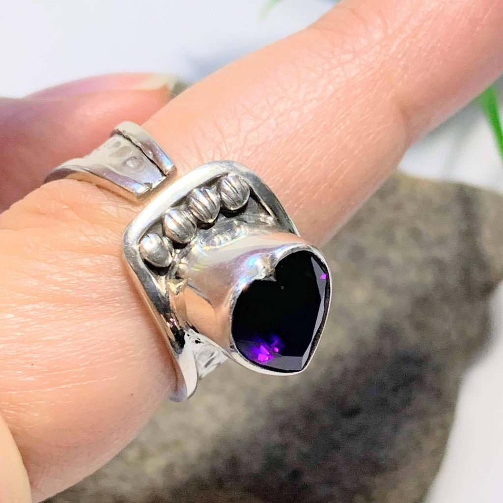 Faceted Deep Purple Amethyst Heart Sterling Silver Ring (Size Adjustable~ 6.5-7.5) - Earth Family Crystals